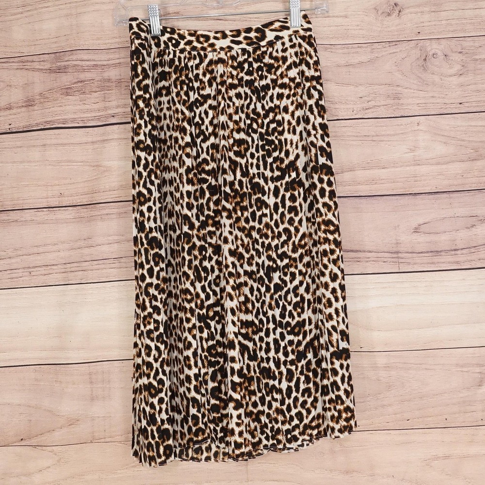 Express Skirt Womens 0 Brown Leopard Midi Lined Chiffon Zip‎ Animal Print
